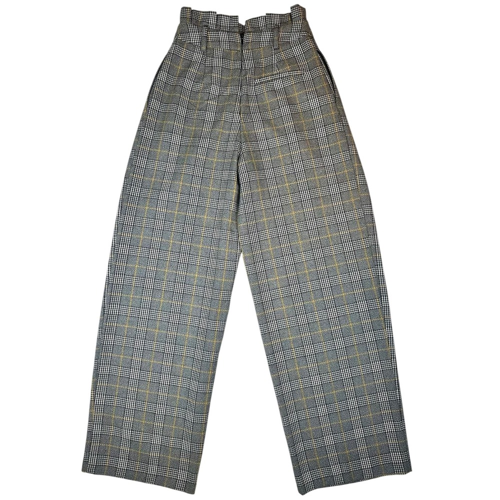 Topshop Grey Yellow Plaid Wide Leg Paperbag Waist Trousers Glen Check Pants US 4 - Picture 3 of 7